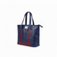 Wearsos Do Good Tote in navy blue upcycled leather with burgundy accents and dual shoulder straps