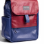 Wearsos Do Good upcycled backpack in a two-tone burgundy and navy blue minimalist design with a flap closure.